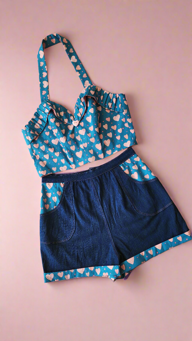 Hearts Retro Pinup Top and Shorts Matching Two Piece Set by Hollyville