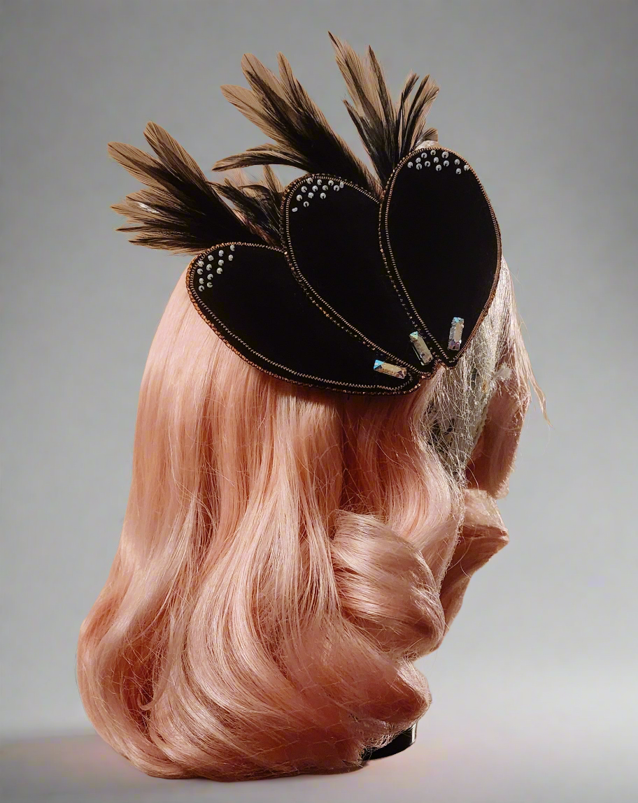 Black Velvet Feathered and Hand Beaded Hair Fascinator by Hollyville