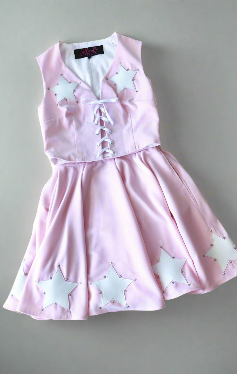 Light Pink Velvet Rhinestone Star Cowgirl Matching Top and Skirt Set