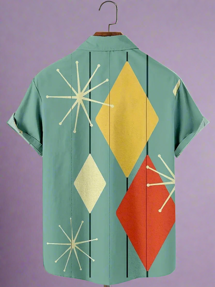 Retro Geometric Diamond Print Button Up Shirt