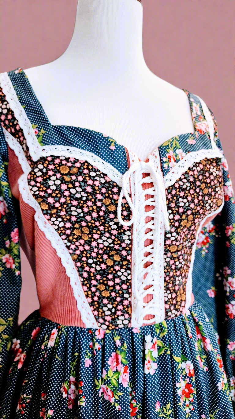 An Original Gunne Sax Style Homespun 1970's Vintage Inspired Floral Print Corset Lace Dress by Hollyville