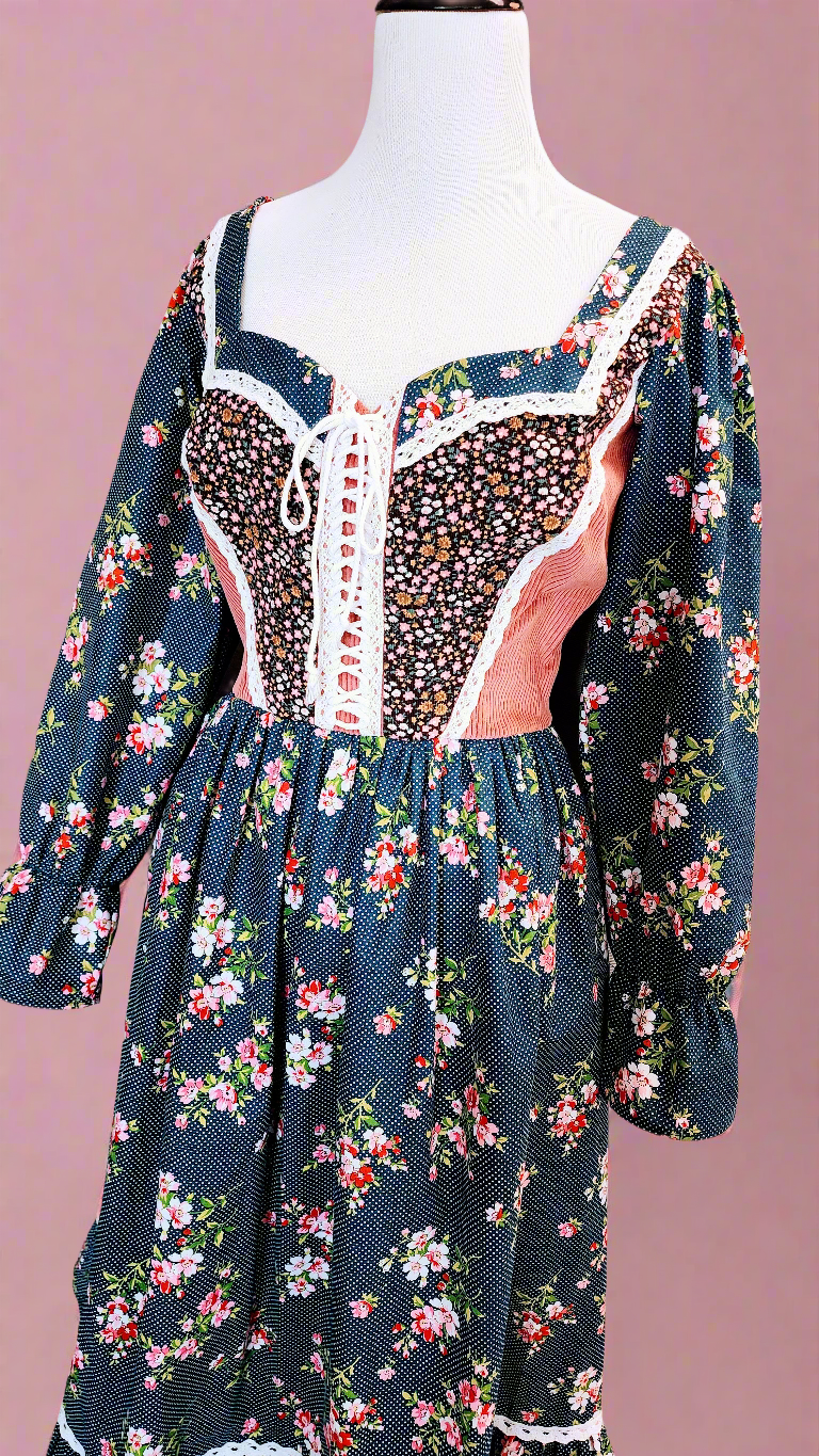 An Original Gunne Sax Style Homespun 1970's Vintage Inspired Floral Print Corset Lace Dress by Hollyville