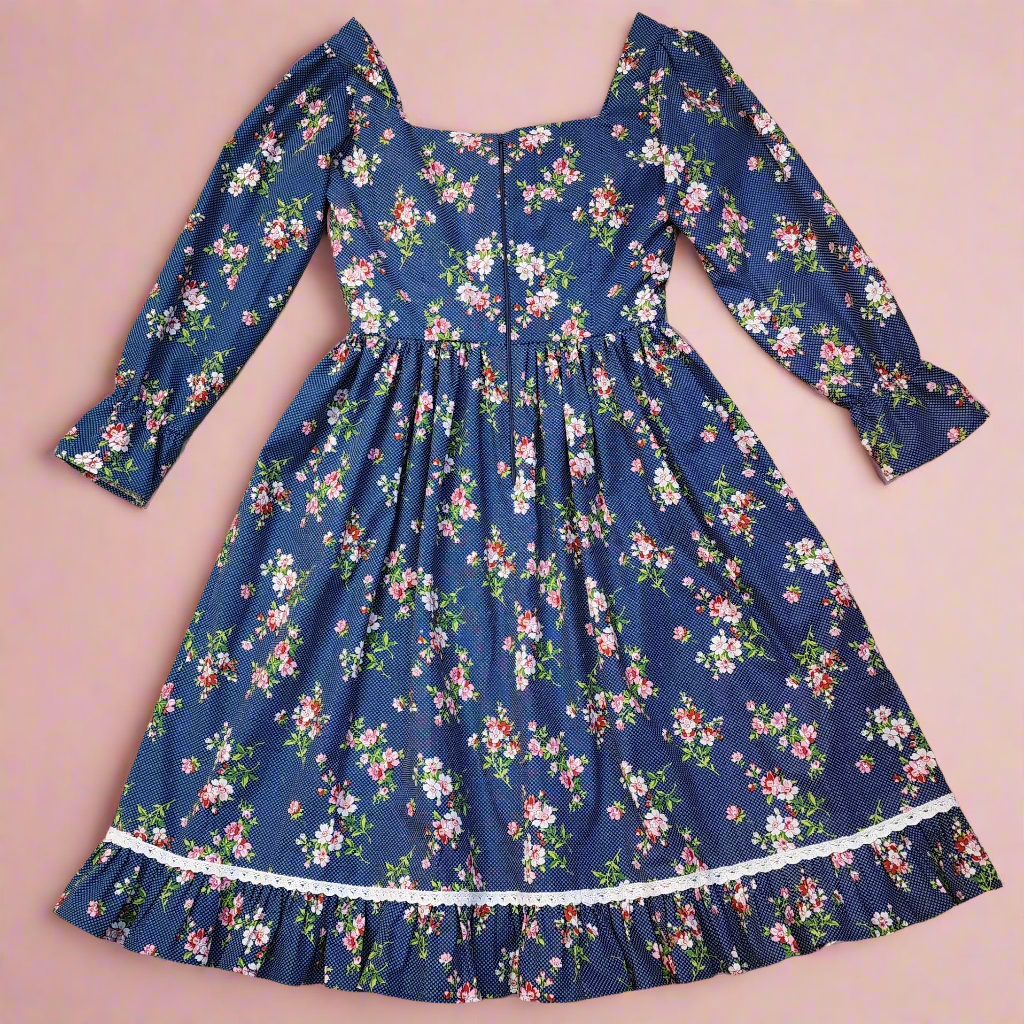 An Original Gunne Sax Style Homespun 1970's Vintage Inspired Floral Print Corset Lace Dress by Hollyville