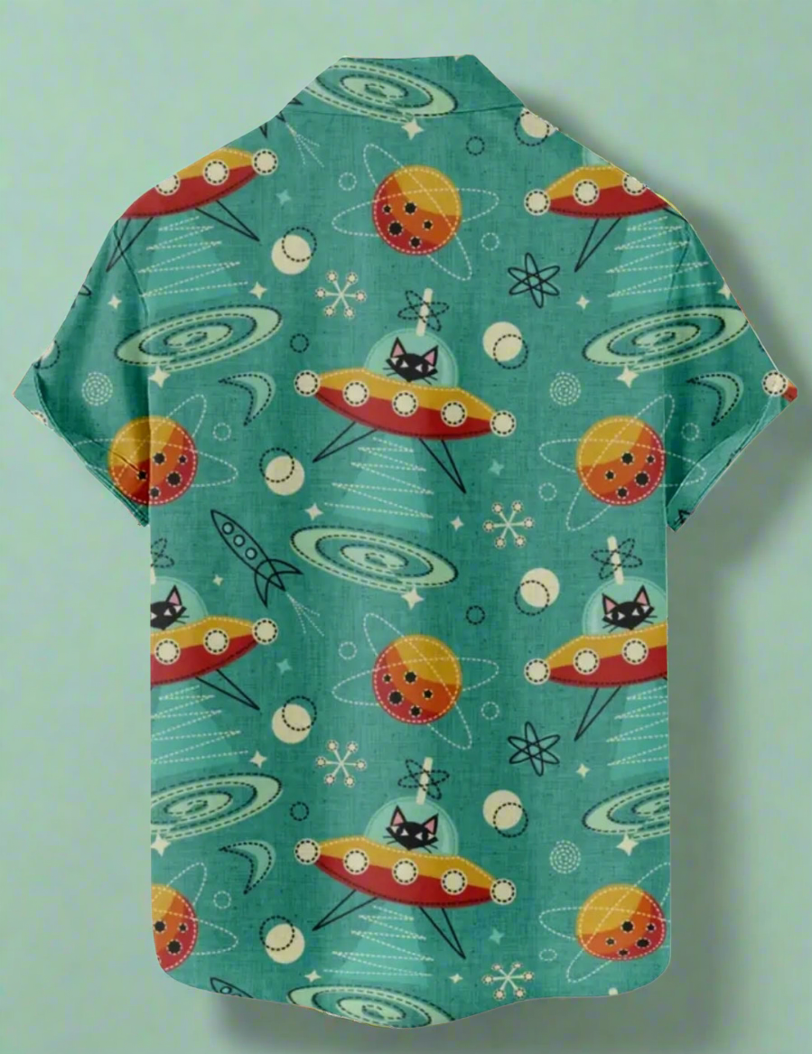 Atomic Mid Century Modern Atomic Retro Black Cat in UFO Space print button up shirt