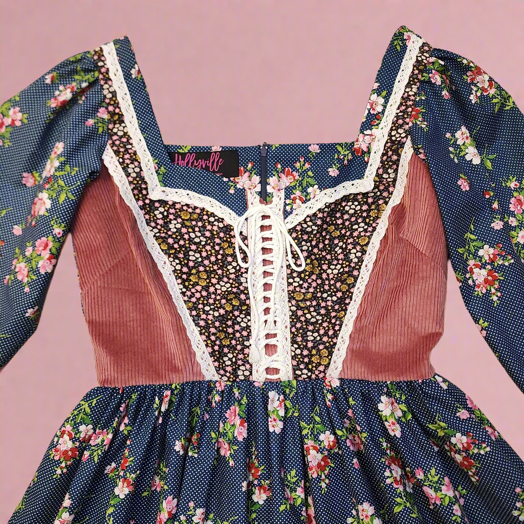 An Original Gunne Sax Style Homespun 1970's Vintage Inspired Floral Print Corset Lace Dress by Hollyville