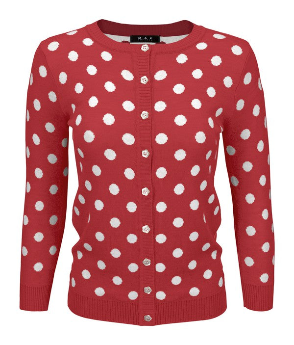 Polka Dot Jacquard 3/4 Sleeve Sweater Cardigan by MAK