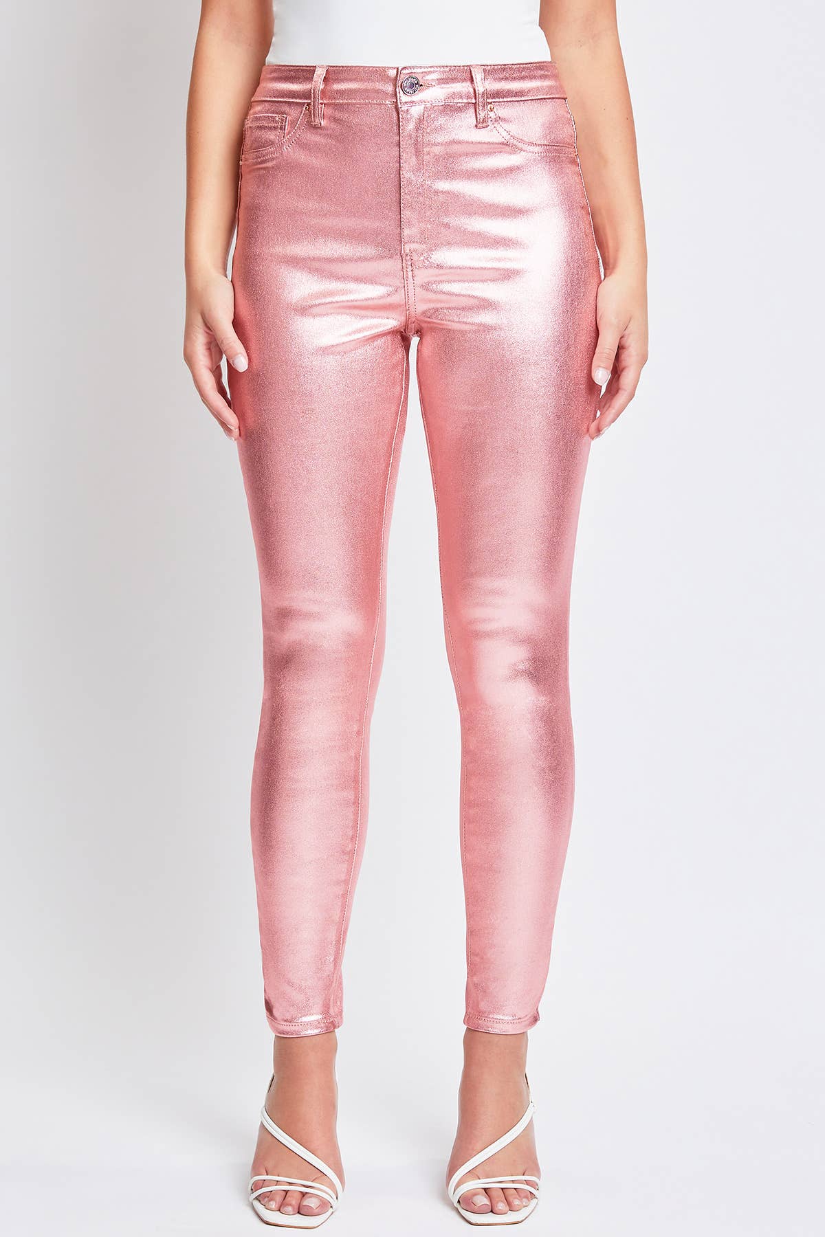 High Rise Metallic Skinny Jean in Rose Pink