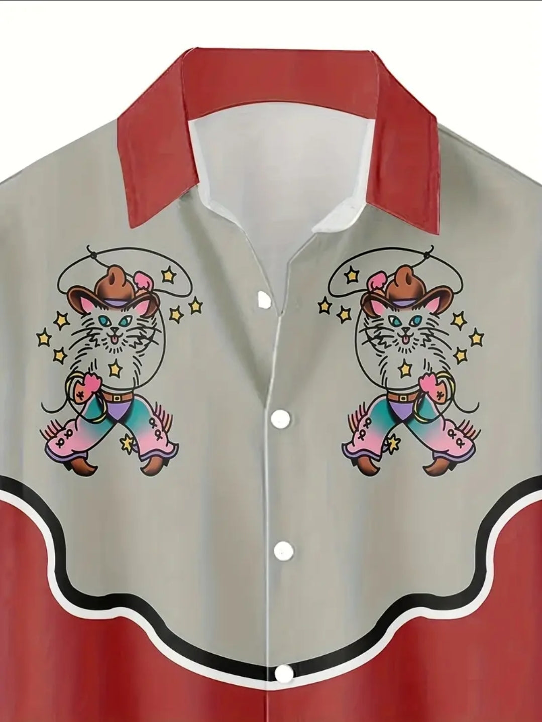 Retro Western Cowboy Cat Print Button Up Shirt