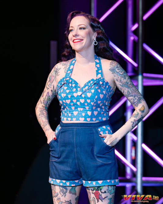 Hearts Retro Rockabilly Pinup Top and Matching Denim Shorts as seen in the VIVA Las Vegas Rockabilly Weekend Fashion Show. Model Roxy Ruckus | Photo Tim Hunter Photography