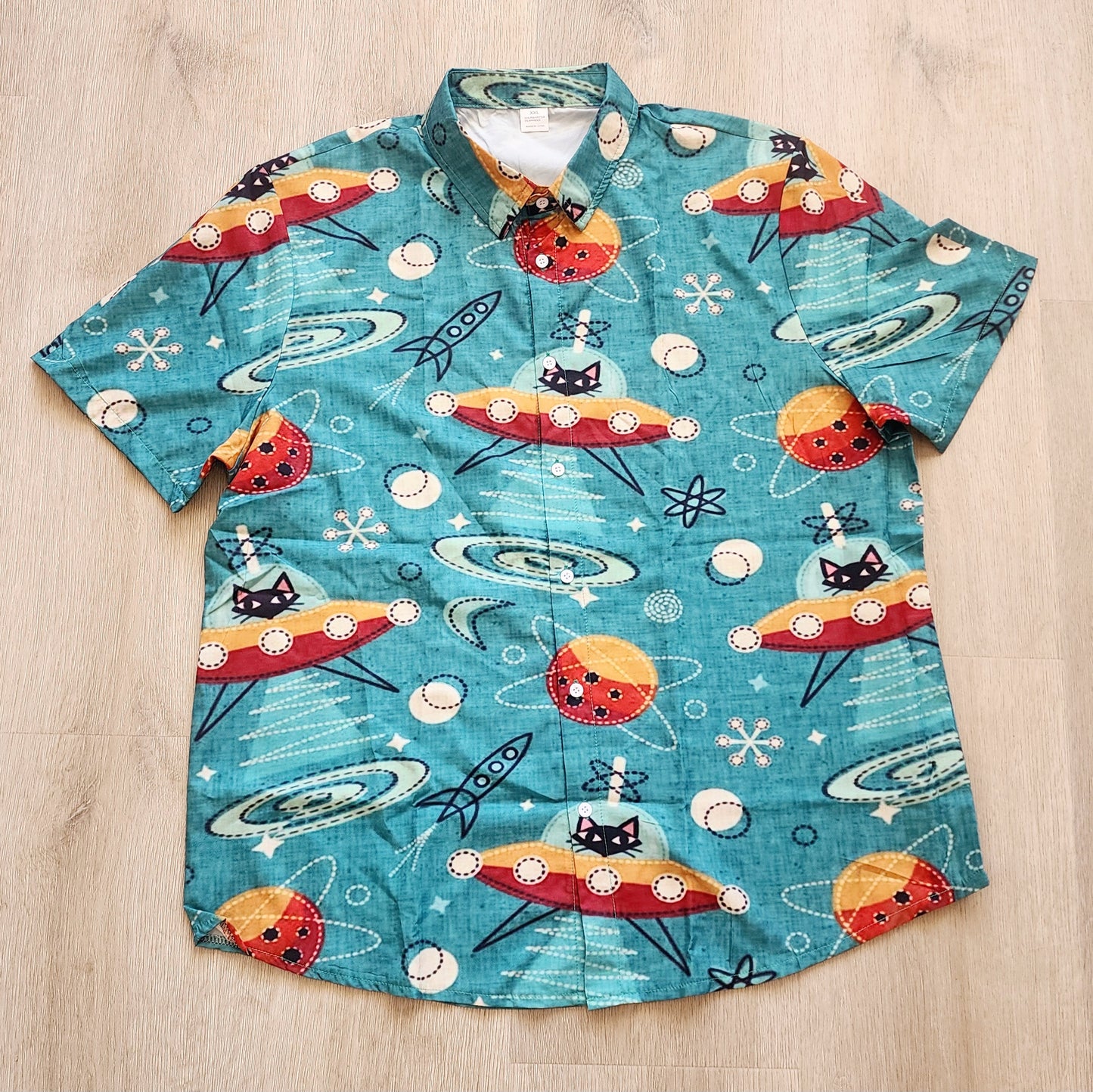 FINAL SALE Retro Atomic Cat in UFO Print Button Up Shirt