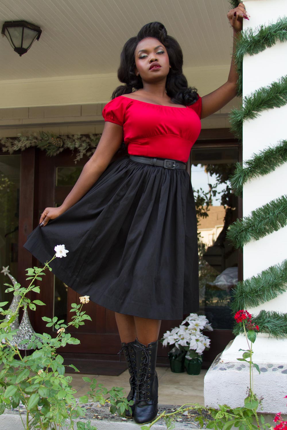 Petite Bella Vintage Gathered Swing Skirt in Solid Black Sateen