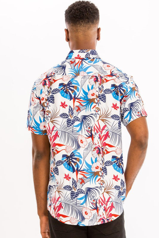 White and Blue Hawaiian Print Shirt