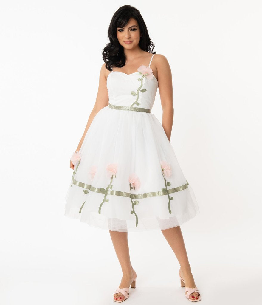White and Pink Floral Bertie Swing Dress by Unique Vintage