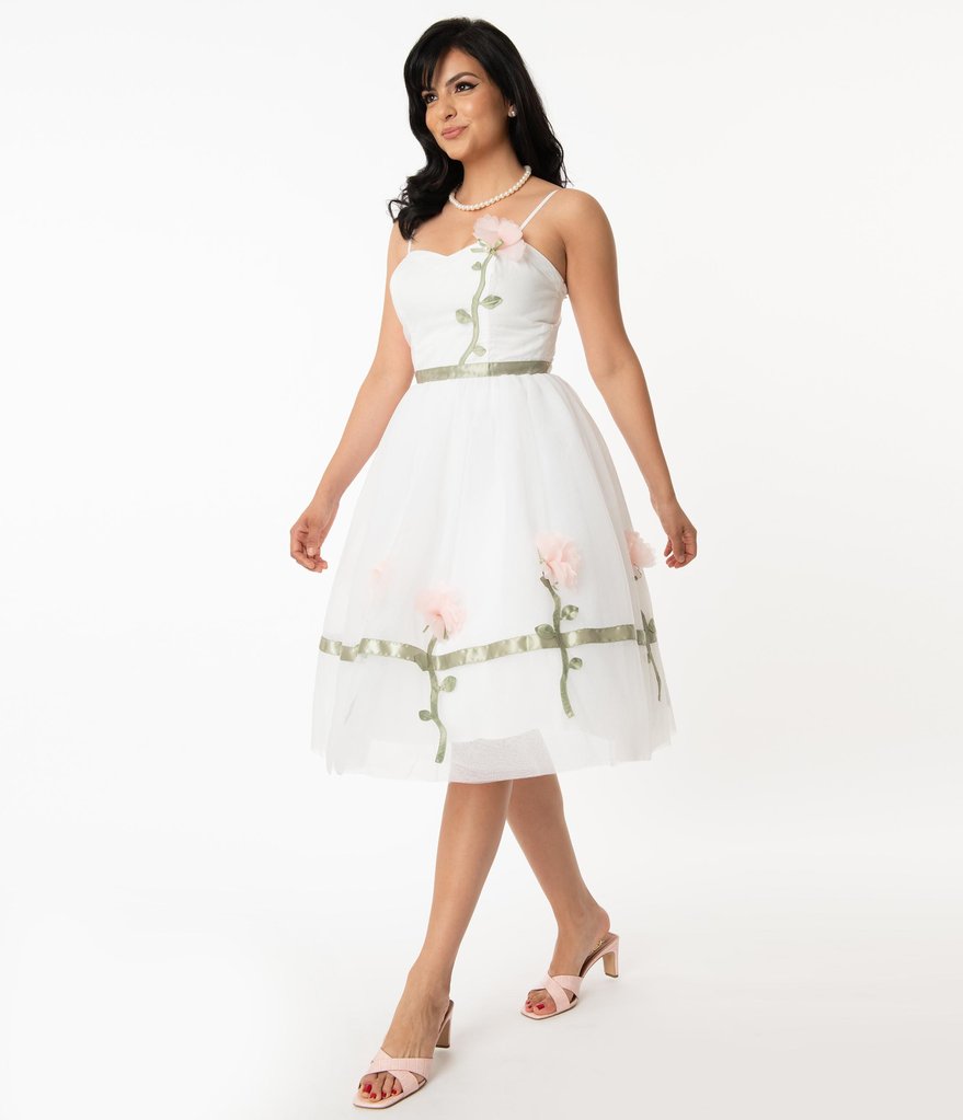 White and Pink Floral Bertie Swing Dress by Unique Vintage