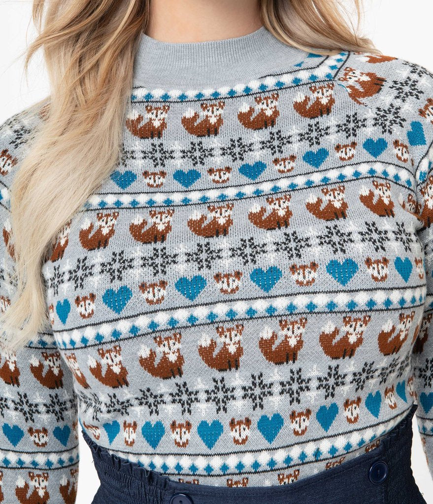 Grey Fair Isle Foxes Autumn Sweater by Unique Vintage
