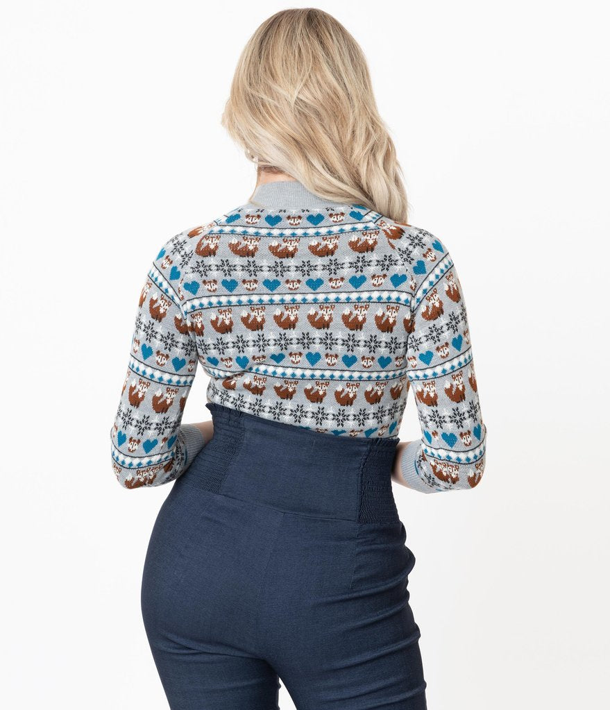 Grey Fair Isle Foxes Autumn Sweater by Unique Vintage