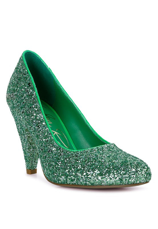 Sugar Plum Glitter Heel Pumps in Green