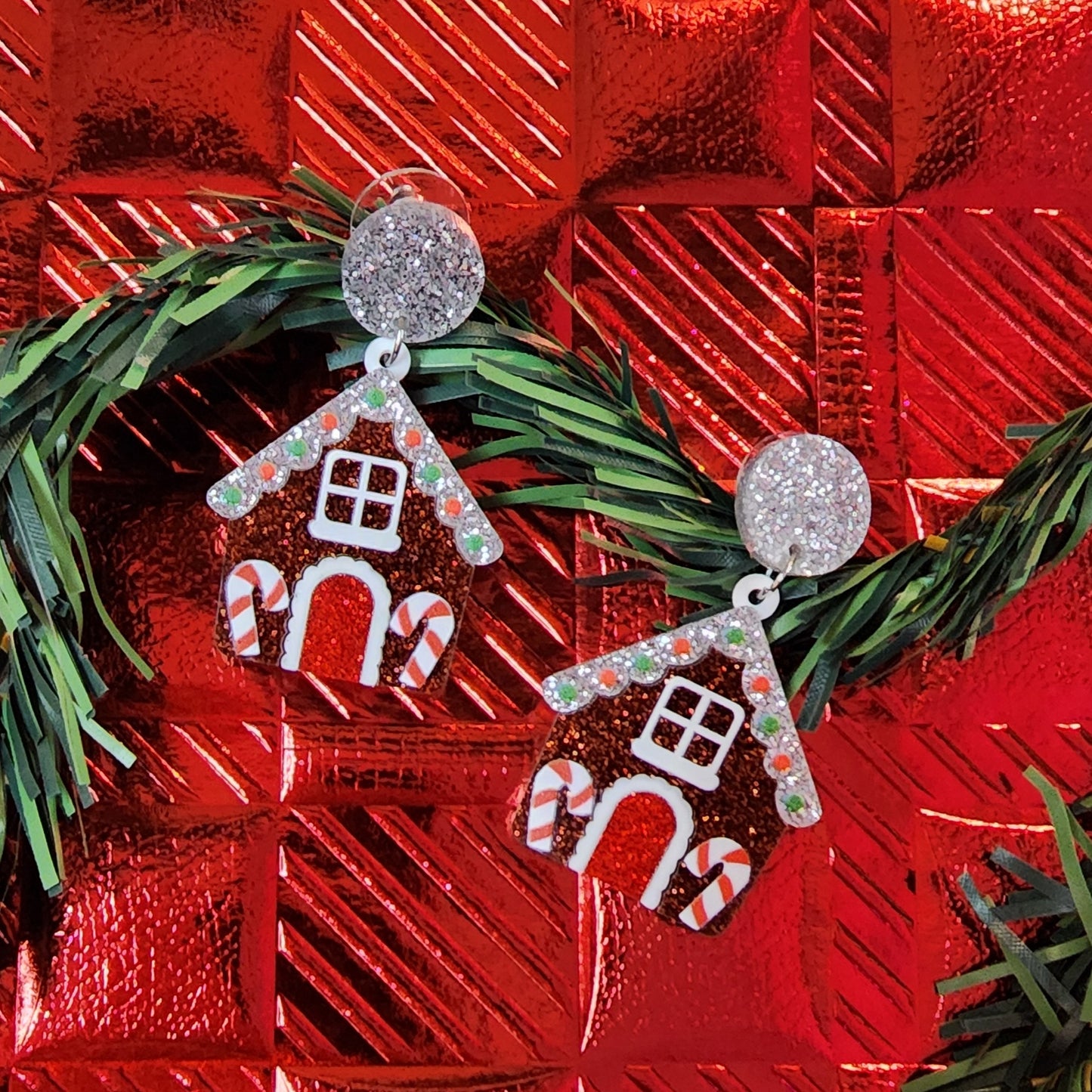 Gingerbread House Glitter Drop Earrings