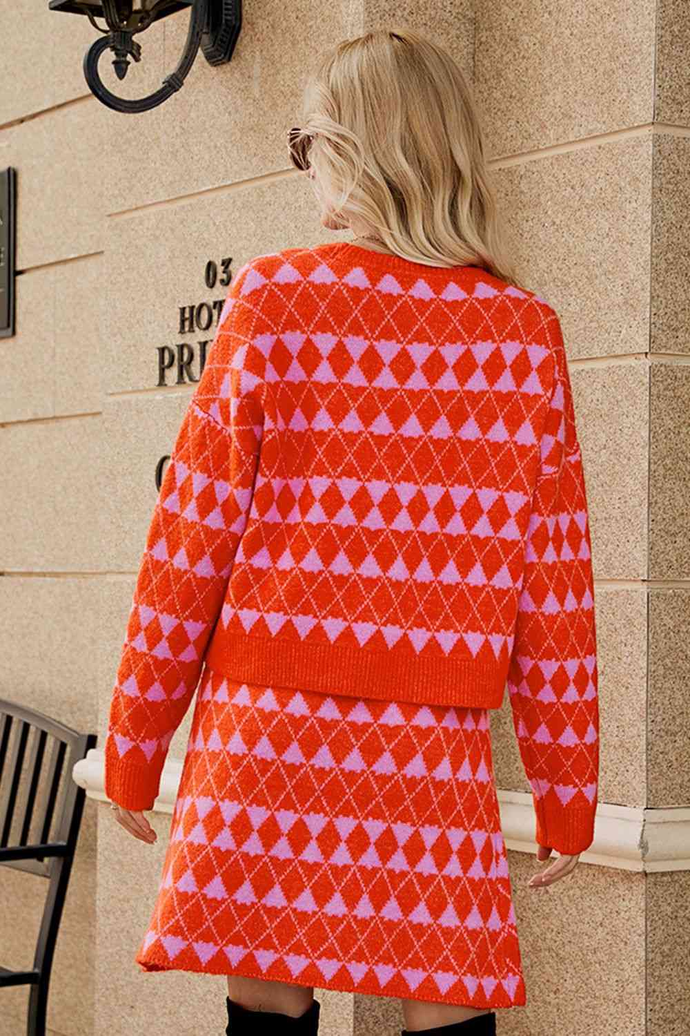 Geometric Knit Cardigan and Skirt Set