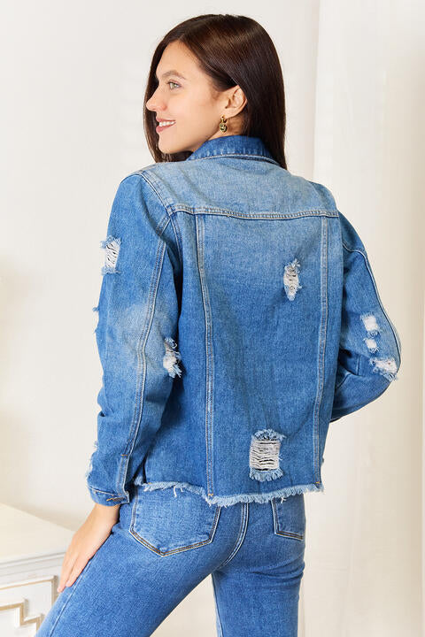 Leopard Floral Distressed Denim Jean Jacket