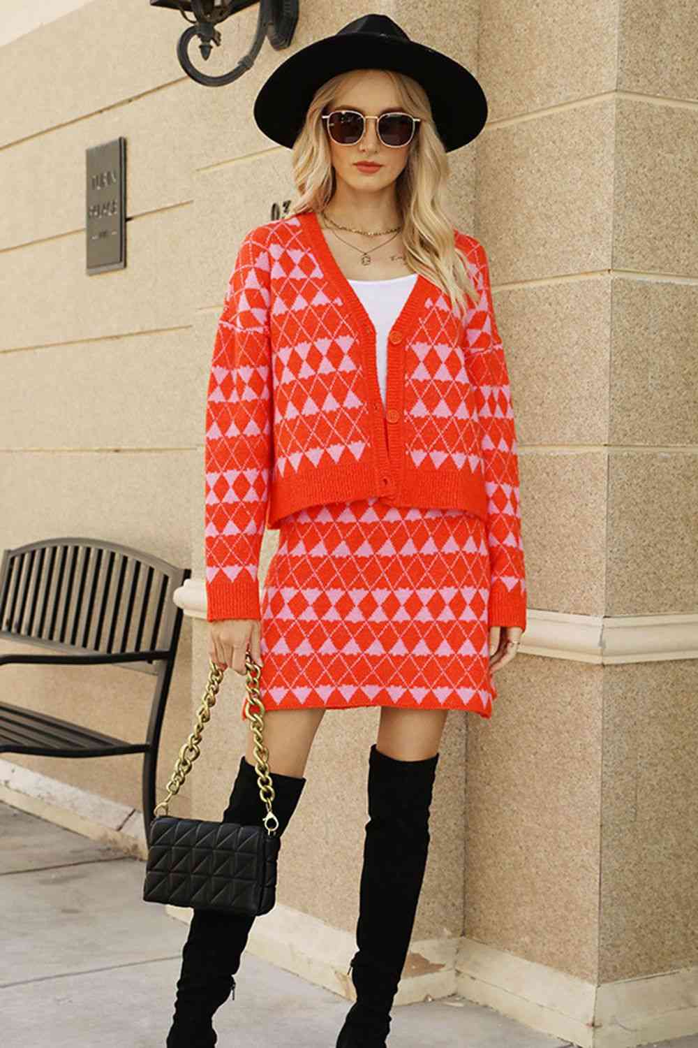 Geometric Knit Cardigan and Skirt Set