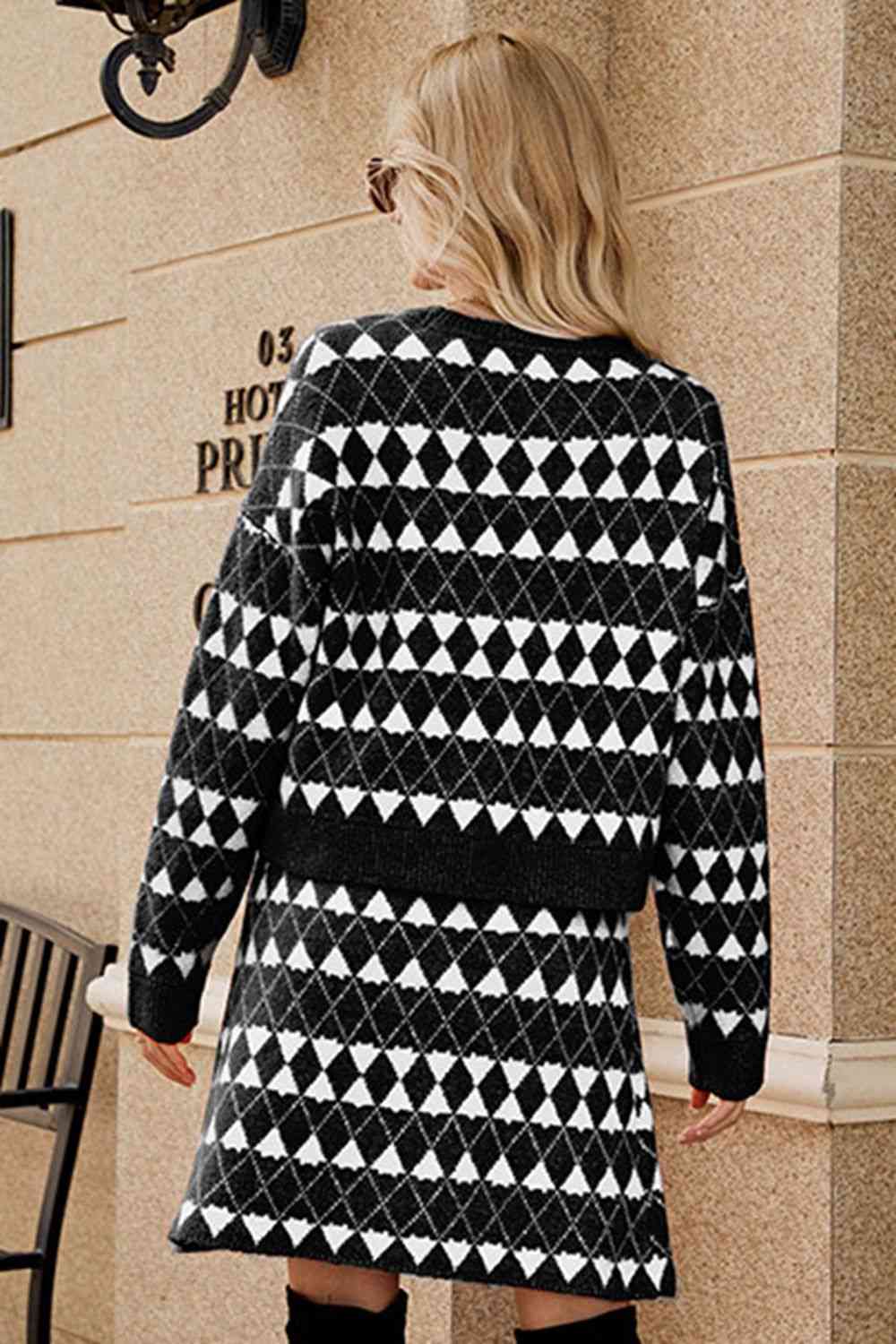 Geometric Knit Cardigan and Skirt Set