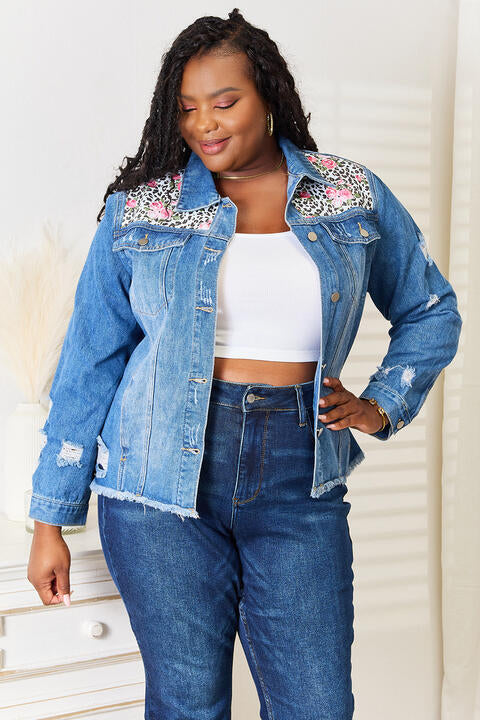 Leopard Floral Distressed Denim Jean Jacket