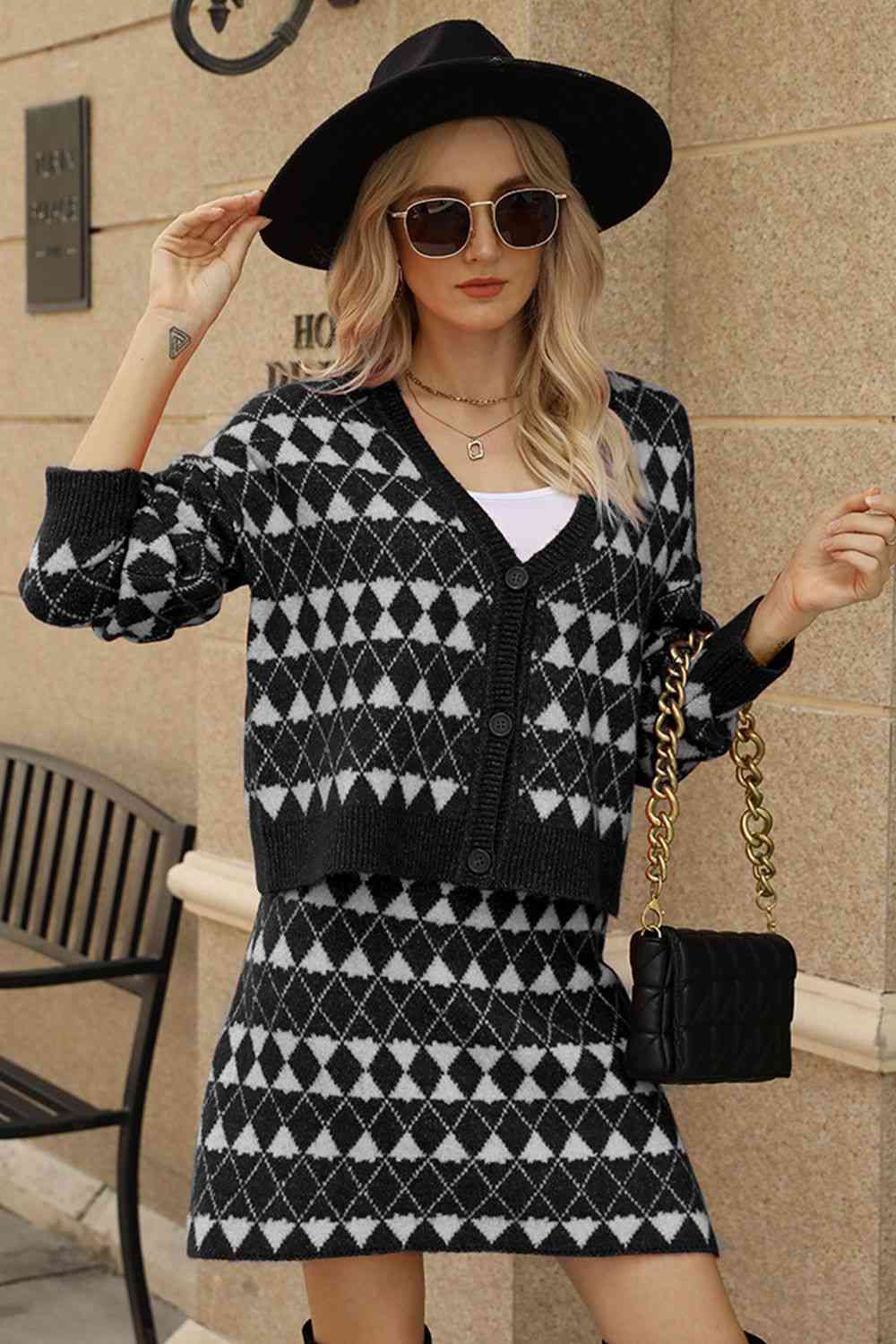 Geometric Knit Cardigan and Skirt Set