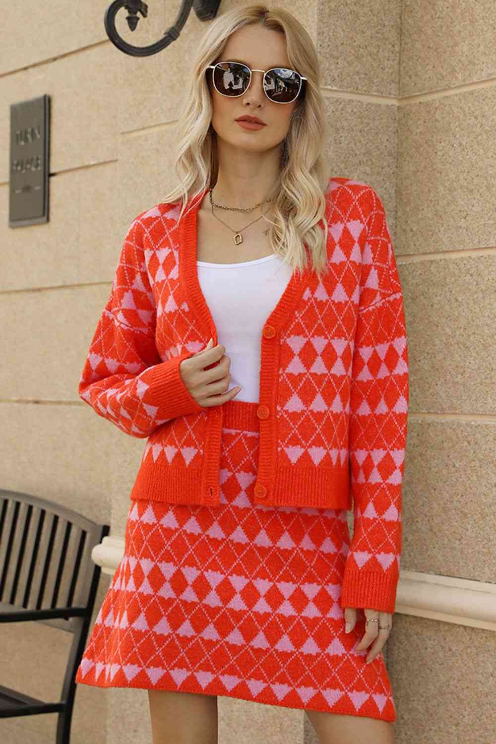 Geometric Knit Cardigan and Skirt Set