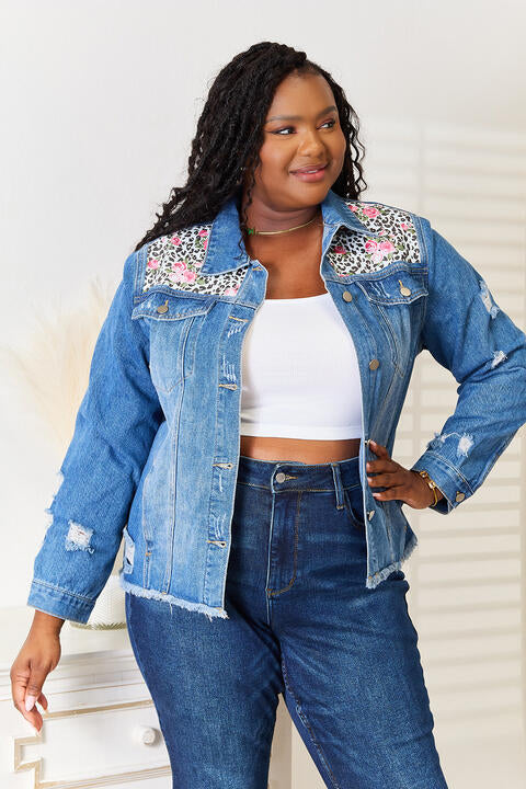 Leopard Floral Distressed Denim Jean Jacket