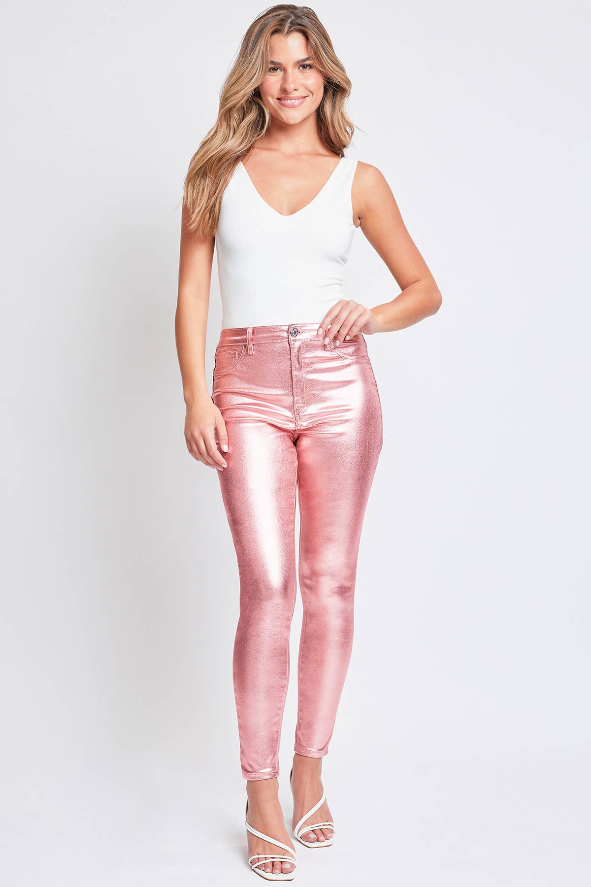High Rise Metallic Skinny Jean in Rose Pink