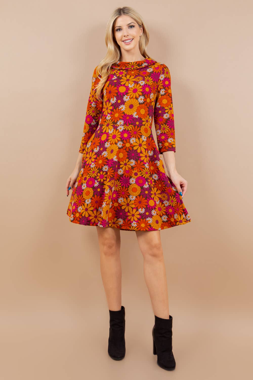 Mod Retro Floral Print 1960's style knit dress with pockets by LA Soul