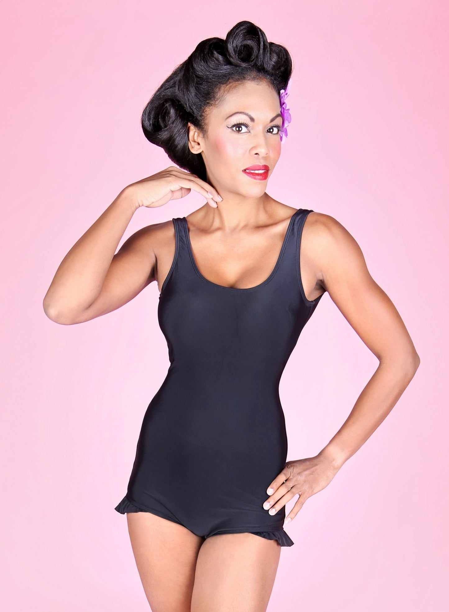 1950's Vintage Inspired Pinup Retro Classic Black Swimsuit with Ruffle by Red Dolly Swimwear