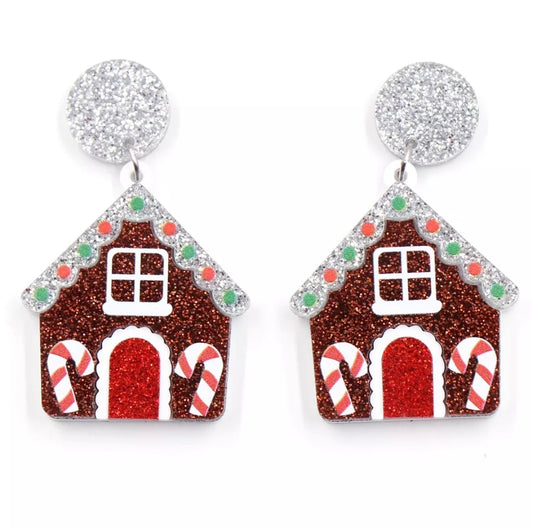Gingerbread House Glitter Drop Earrings