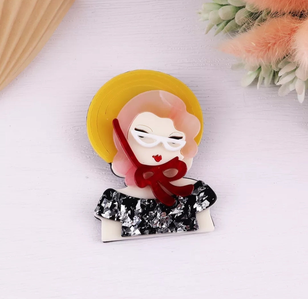Vintage Gal with Straw Hat Brooch