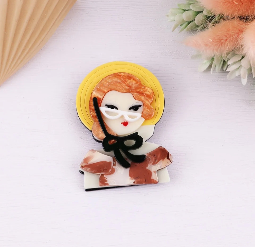 Vintage Gal with Straw Hat Brooch