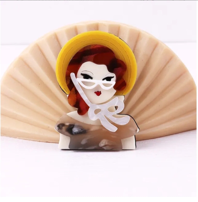Vintage Gal with Straw Hat Brooch