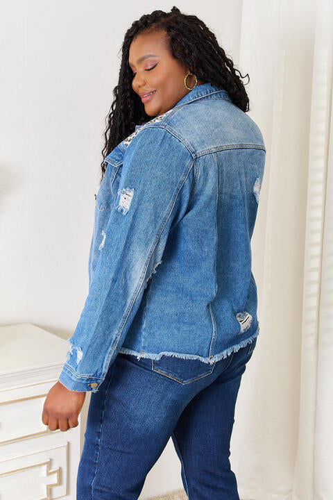 Leopard Floral Distressed Denim Jean Jacket