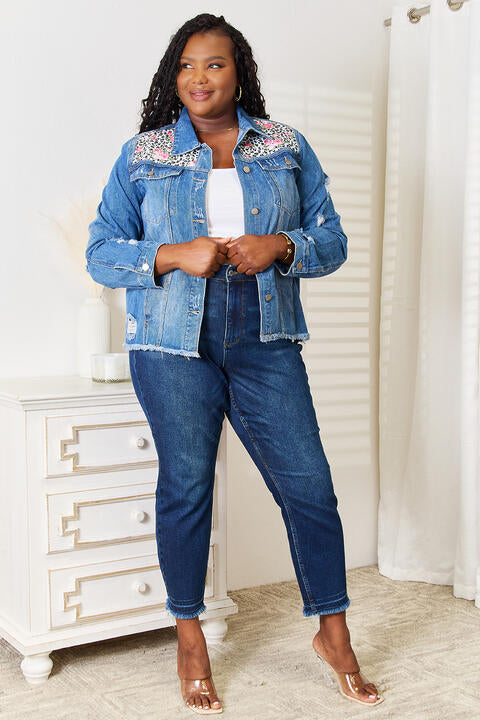 Leopard Floral Distressed Denim Jean Jacket