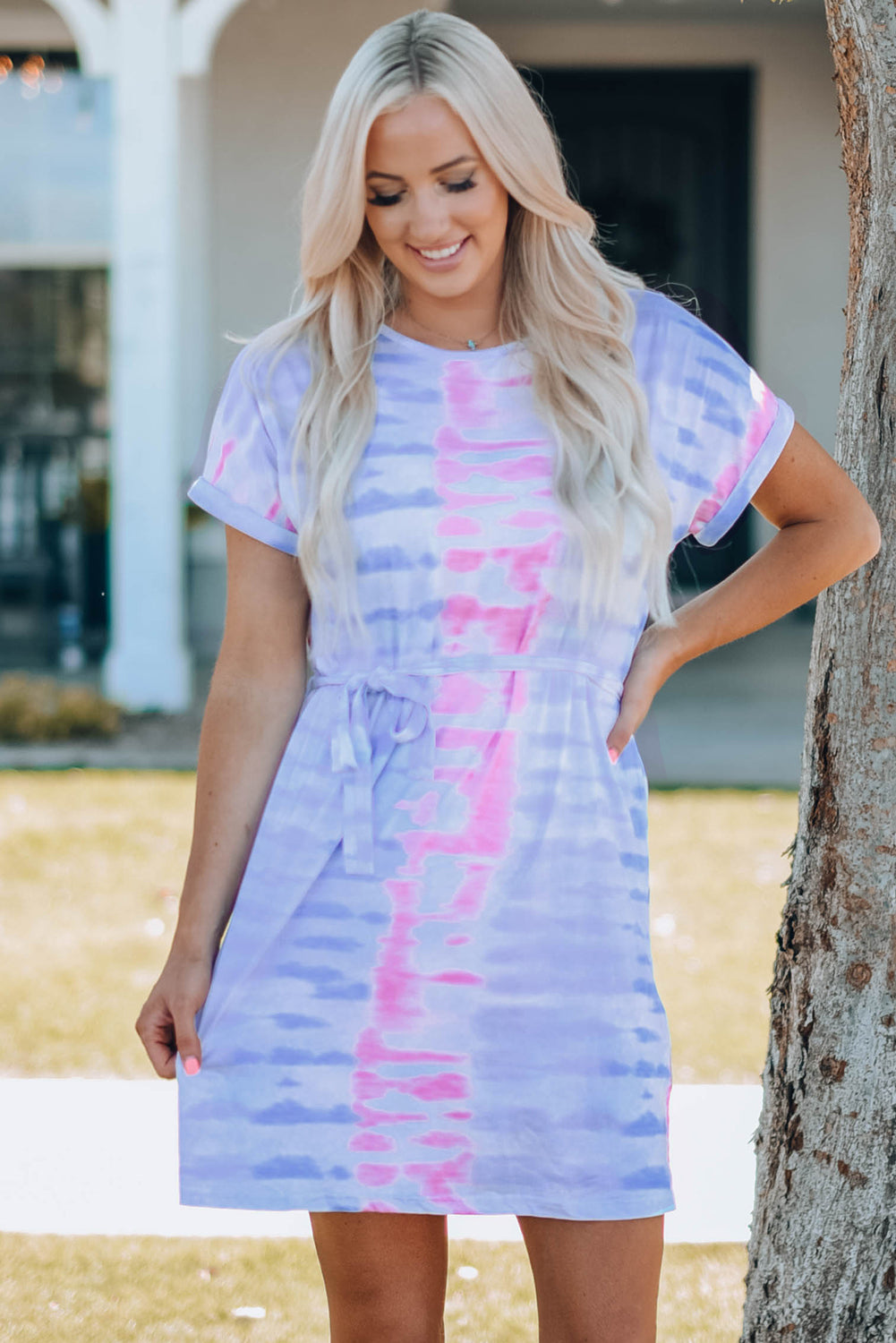 Women Tie-Dye Belted TShirt Dress