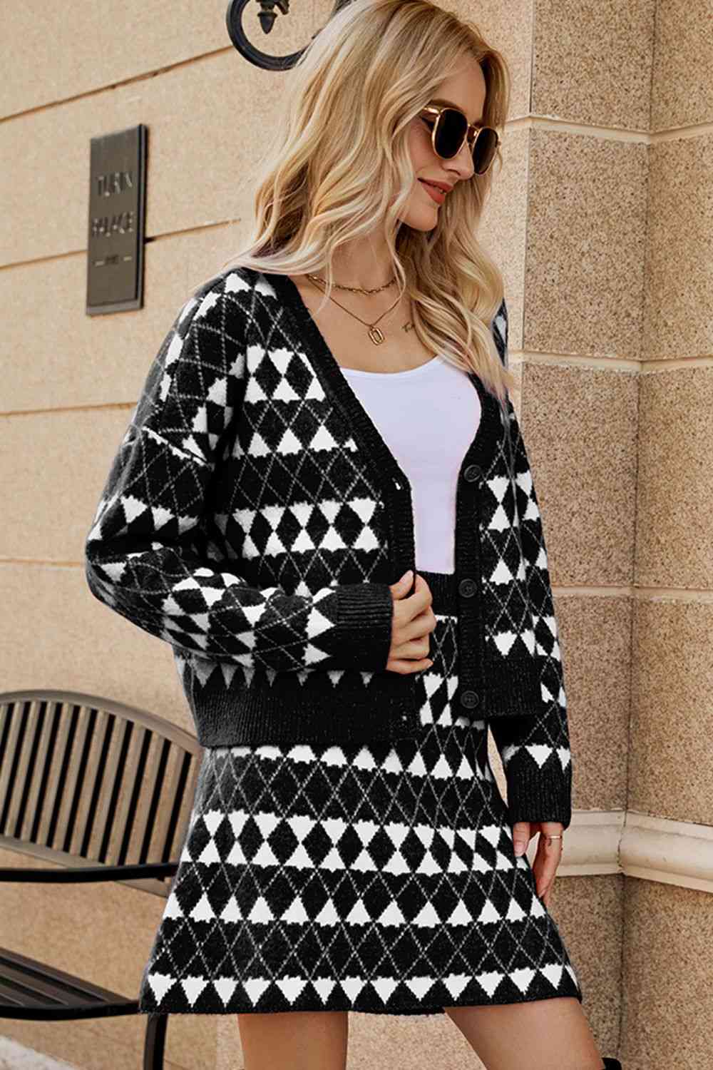 Geometric Knit Cardigan and Skirt Set