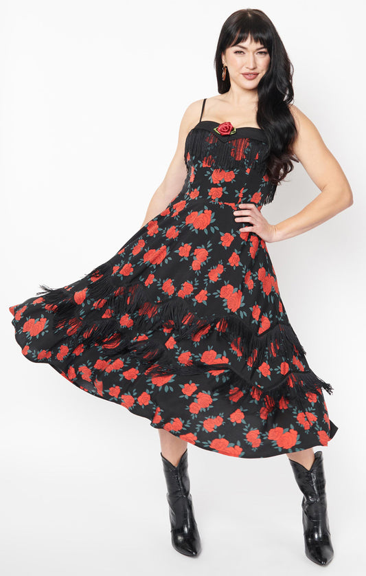 Black & Red Rose Print Girlie Swing Dress by Unique Vintage