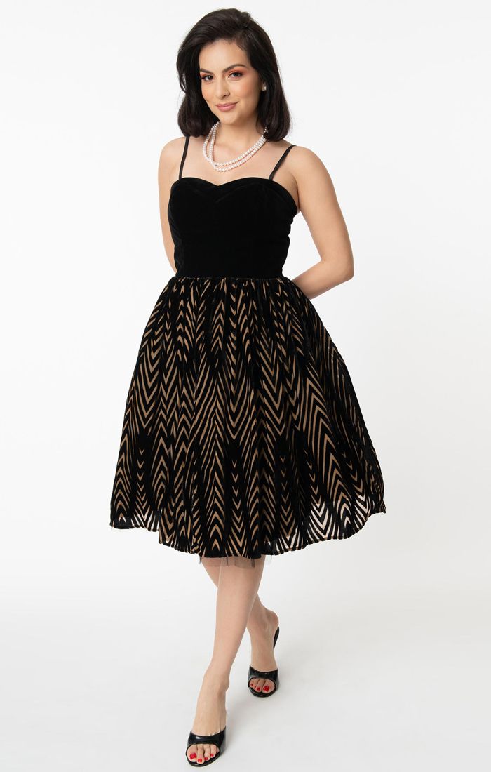 Bertie Black Chevron Swing Dress by Unique Vintage