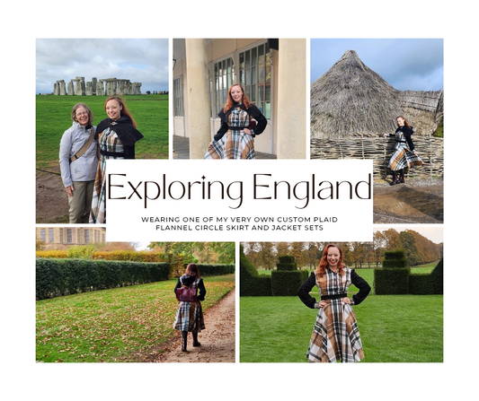 My journey to England wearing a plaid flannel circle skirt and coordinating jacket, custom made by myself.