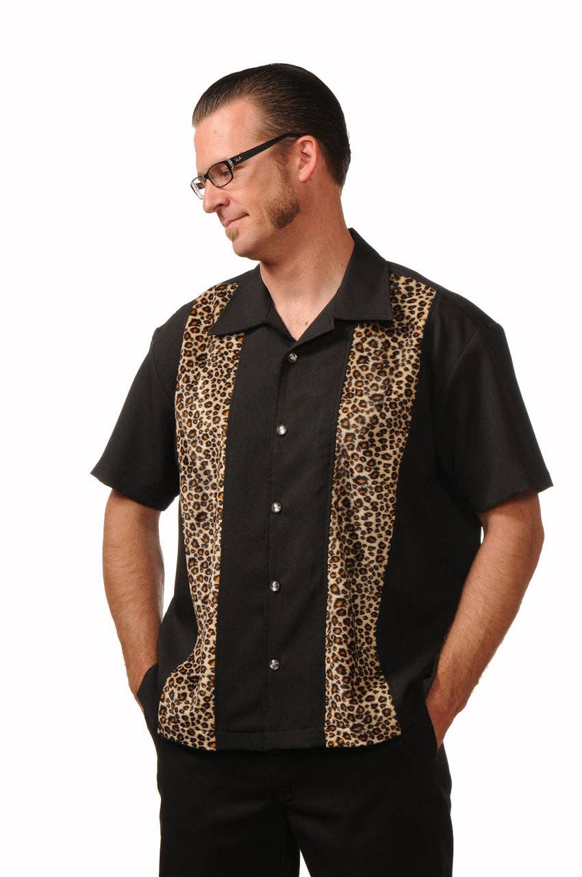 Leopard Panel Bowling Shirt in Black by Steady Clothing