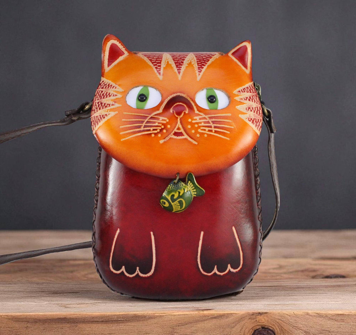 Sunflower Handmade leather inc - Leather Cat With Fish Pouch purse handbag crossbody