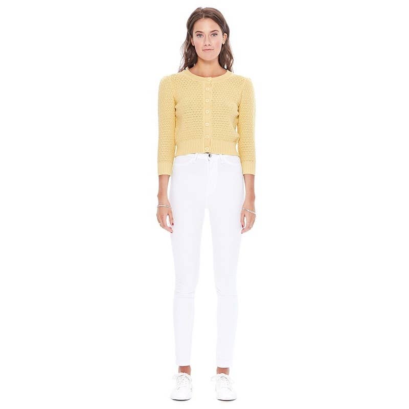 Mak - 3/4 Sleeve Crewneck Knit Cropped Cardigan Sweater MK3514: OATMEAL / S