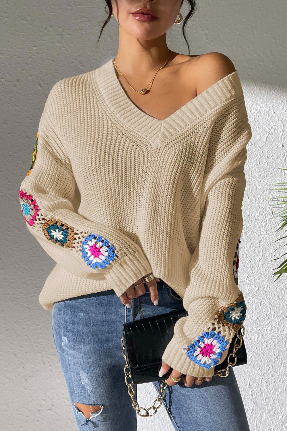 Crochet Flower V-Neck Sweater in Tan