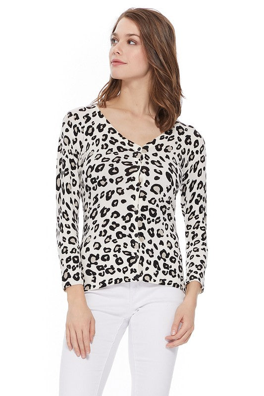 Leopard Print V Neck 12gg Sweater Cardigan
