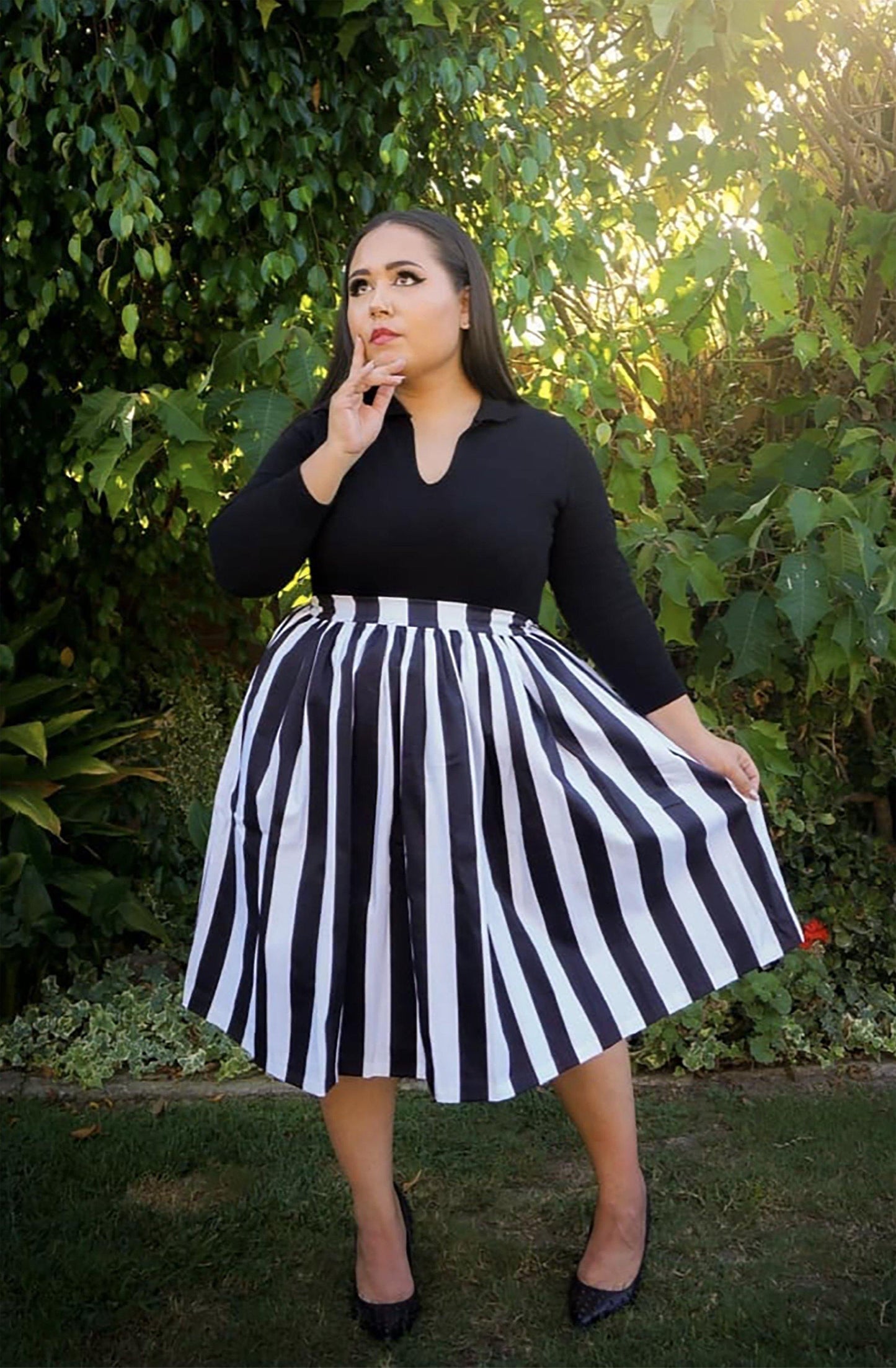 Bella Vintage Gathered Swing Skirt in Black and White Mark Stripe Cotton Sateen | Pinup Couture